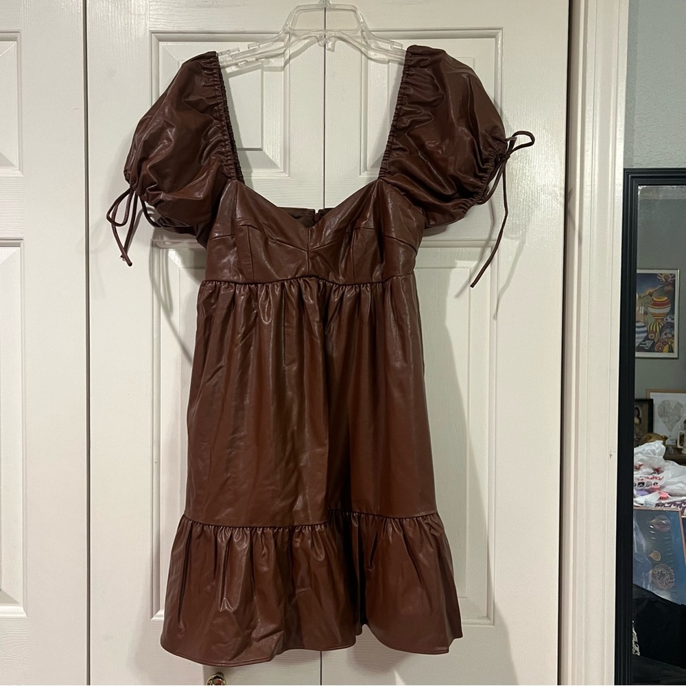 (Brand New) Amanda Uprichard Faux Leather Puff Sleeve Dress Brown